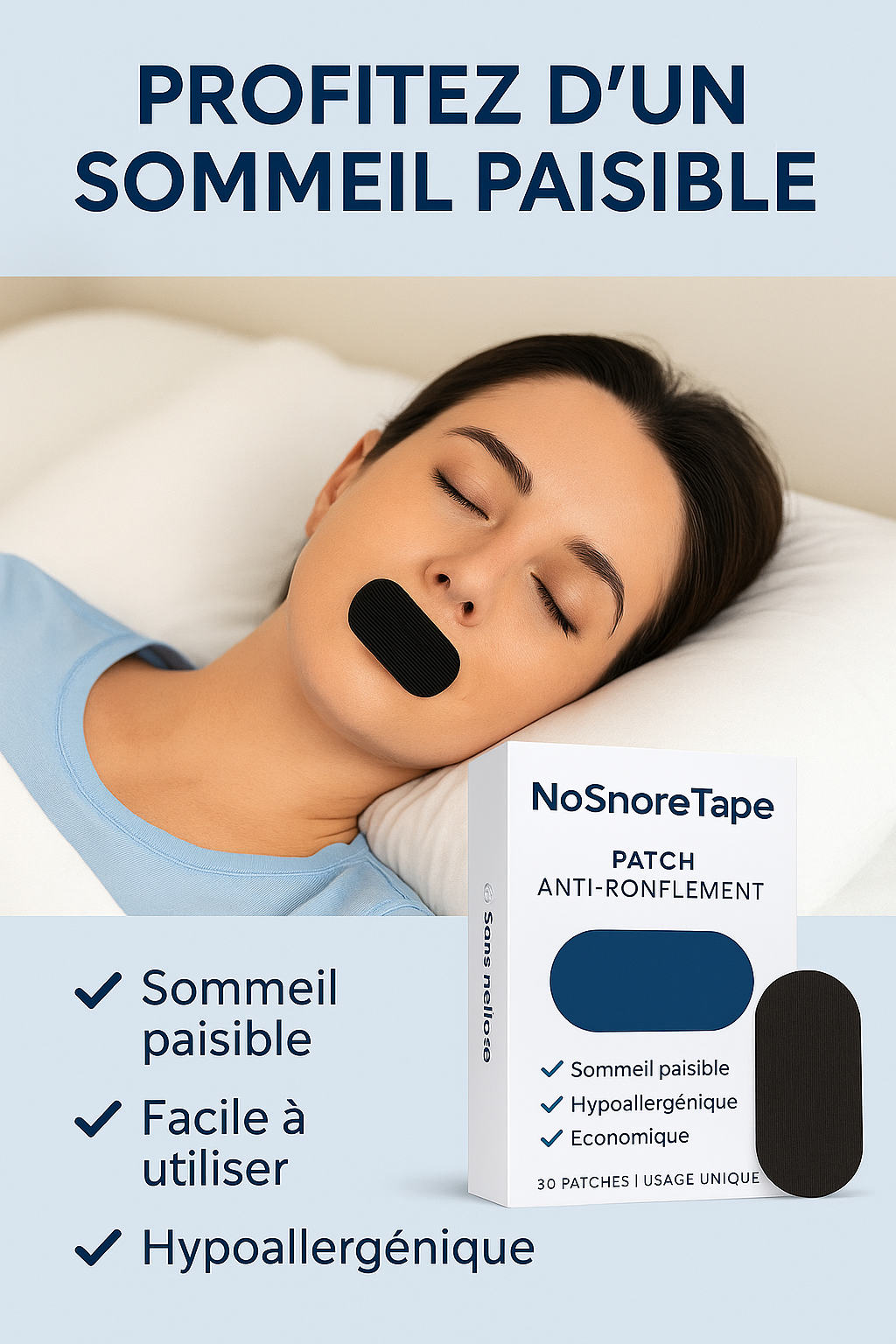NoSnoreTape - Ruban anti-ronflement efficace et confortable.
